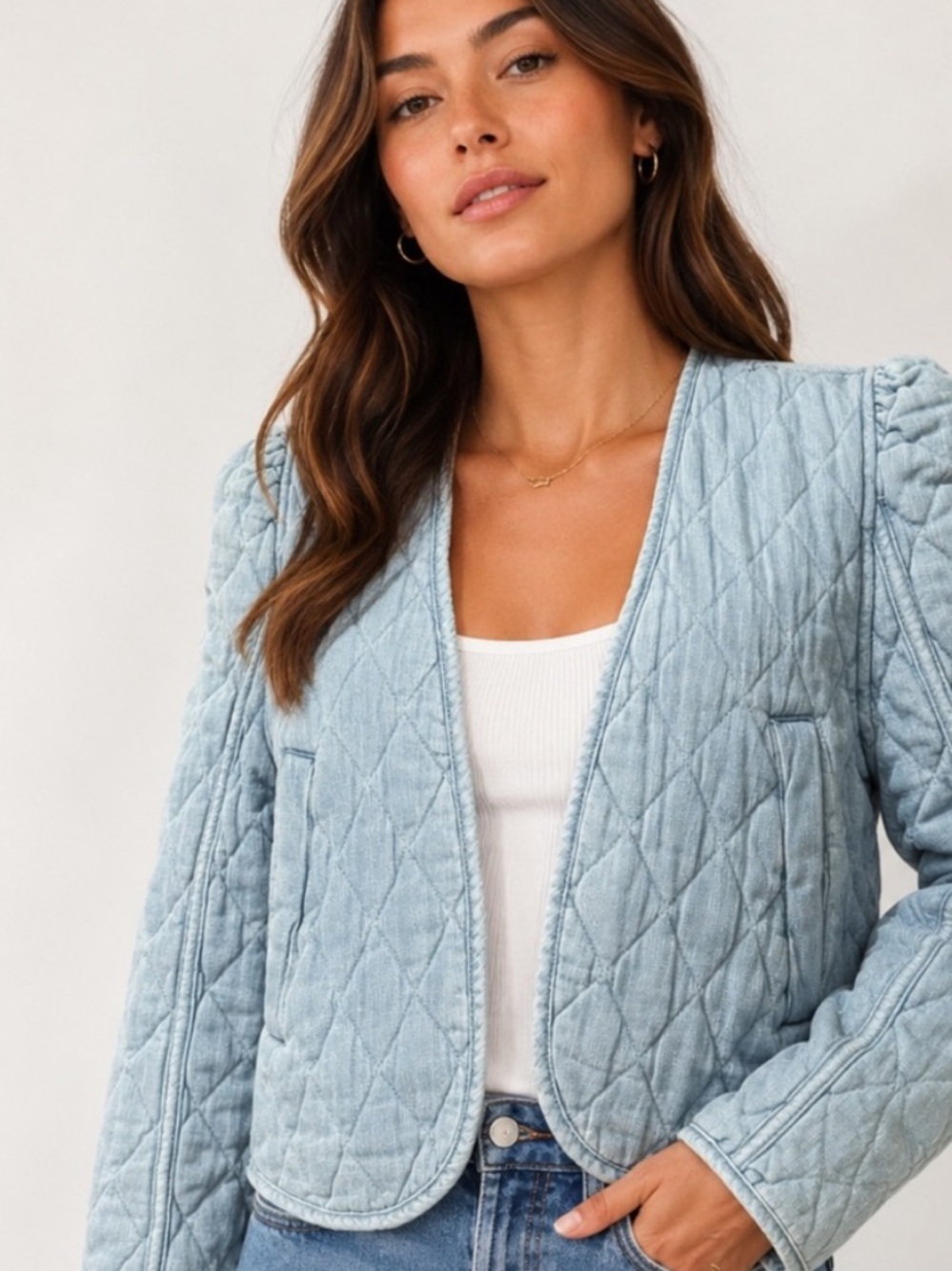 BLANKNYC Quilted Jacket Womens Small Light Blue Puff Sleeve Open Front NWT Small